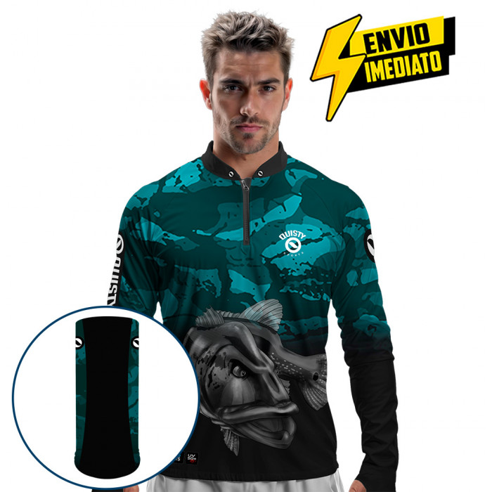 Combo Premium - Pro Elite Pescador Tucunaré Cyan Pesca Esportiva - Camisa + Punho Luva + Máscara DryUv50 Envio Imediato