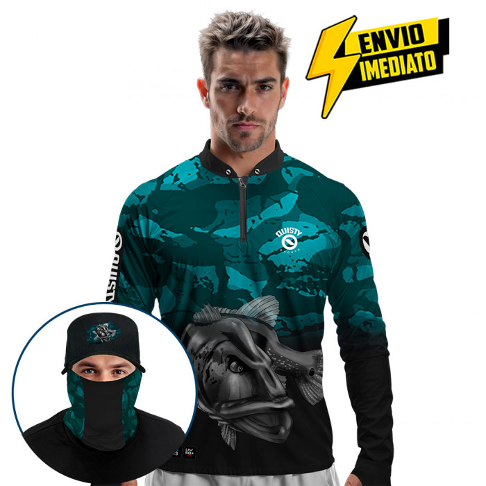 Super Combo Premium - Pro Elite Tucunaré Cyan Pesca Esportiva - Camisa + Punho Luva + Máscara + Boné Tela DryUv50+ Envio Imediato