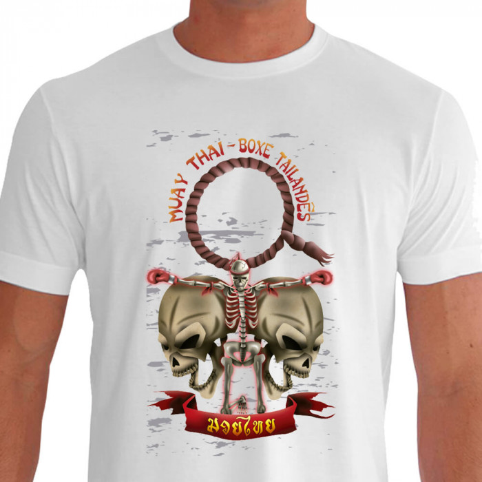 Camiseta de Muay Thai Mongkon Duas Caveiras - Branca