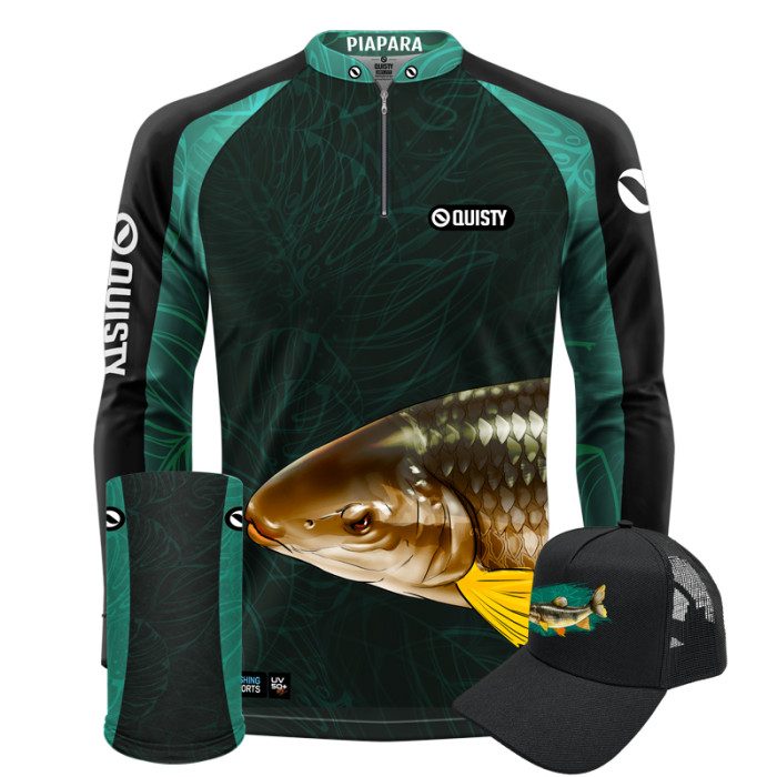 Super Combo Premium - Pro Elite Piapara Azul Pesca Esportiva - Camisa + Punho Luva + Máscara + Boné DryUv50+