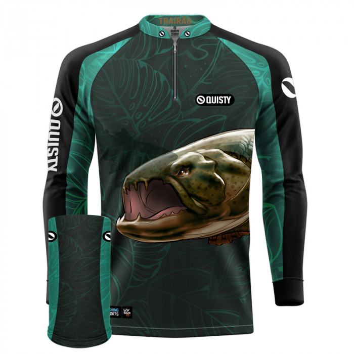 Combo Premium - Pro Elite Trairão Azul Pesca Esportiva - Camisa + Punho Luva + Máscara DryUv50