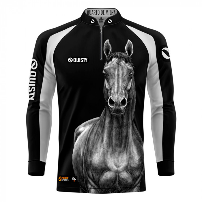 Camisa Premium Pro Elite Cavalgada Quarto de Milha Preto DryUv50+ + Punho de Luva