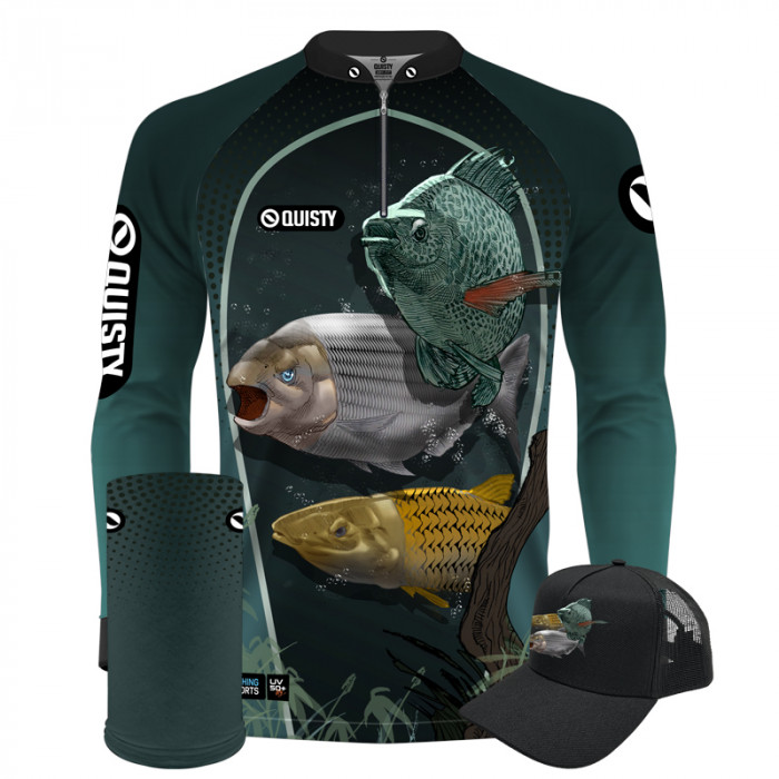 Super Combo Premium - Pro Elite Brabos Da Pesca Rio Selvagem - Pesca Esportiva - Camisa + Punho Luva + Máscara Premium + Boné DryUv50+