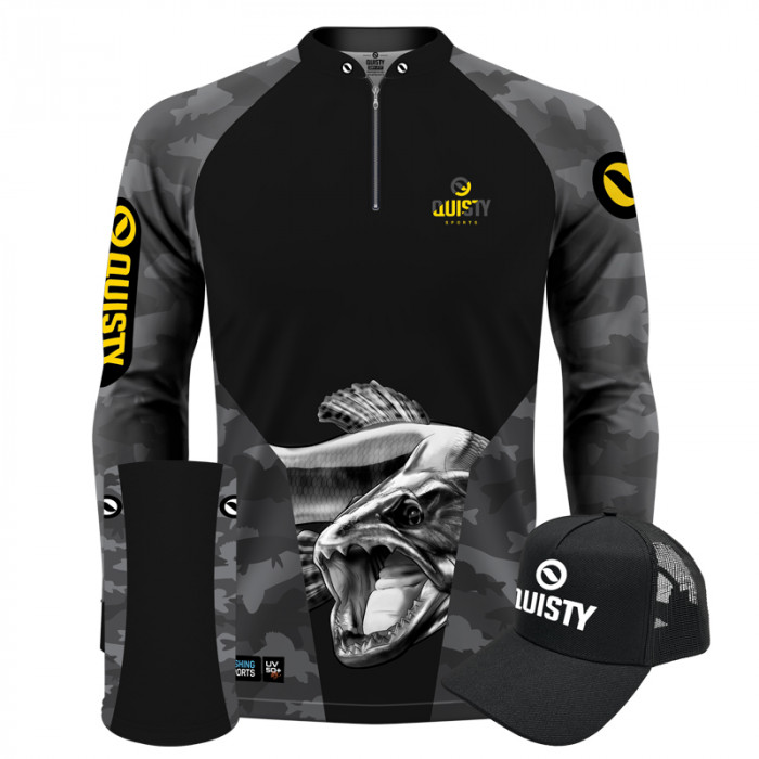 Super Combo Premium - Pro Elite Trairão Attack Pesca Esportiva - Camisa + Punho Luva + Máscara + Boné DryUv50+