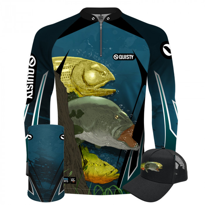 Super Combo Premium - Pro Elite Brabos Da Pesca Trio Amazônico - Pesca Esportiva - Camisa + Punho Luva + Máscara Premium + Boné DryUv50+