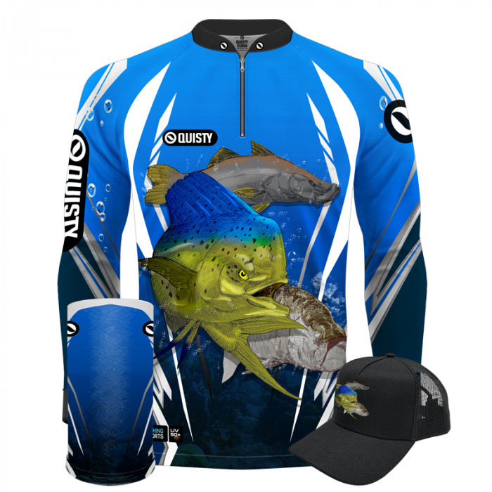 Super Combo Premium - Pro Elite Brabos Da Pesca Trio Marinho - Pesca Esportiva - Camisa + Punho Luva + Máscara Premium + Boné DryUv50+