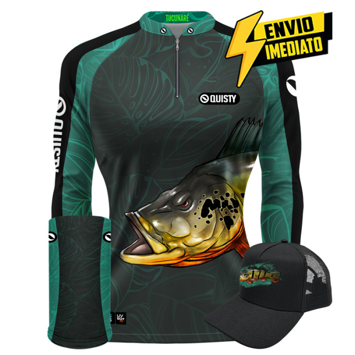 Super Combo Premium - Pro Elite Tucunaré Pantanal Azul Feminina - Camisa + Punho Luva + Máscara + Boné DryUv50+ Envio Imediato