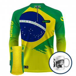 Combo Premium - Pro Elite Brasil Bandeira Pesca Esportiva - Camisa + Punho Luva + Máscara Premium DryUv50+