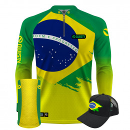 Super Combo Premium - Pro Elite Brasil Bandeira Pesca Esportiva - Camisa + Punho Luva + Máscara Premium + Boné DryUv50+