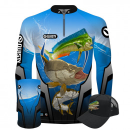 Super Combo Premium - Pro Elite Brabos Da Pesca Mar Azul - Pesca Esportiva - Camisa + Punho Luva + Máscara Premium + Boné DryUv50+