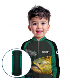 Combo Premium Infantil - Pro Elite Dourado Rei do Rio Azul Pesca Esportiva - Camisa + Punho Luva + Máscara Premium Infantil DryUv50+
