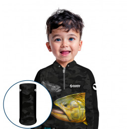 Combo Premium Infantil - Pro Elite Dourado Rei do Rio Black Pesca Esportiva - Camisa + Punho Luva + Máscara Premium Infantil DryUv50+