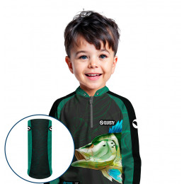 Combo Premium Infantil - Pro Elite Tucunaré Azul Pesca Esportiva - Camisa + Punho Luva + Máscara Premium Infantil DryUv50+