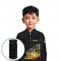 Combo Premium Infantil - Pro Elite Tucunaré Black Pesca Esportiva - Camisa + Punho Luva + Máscara Premium Infantil DryUv50+