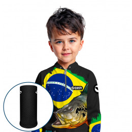 Combo Premium Infantil - Pro Elite Tucunaré Orgulho Brasileiro - Pesca Esportiva - Camisa + Punho Luva + Máscara DryUv50+