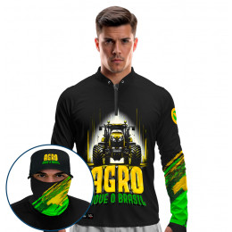 Super Combo Premium - Pro Elite Agro Move o Brasil - Agro Sports - Camisa + Punho Luva + Máscara Premium + Boné DryUv50+