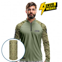 Combo Premium - Pro Elite Black Bass Kid Ocelos Verde Pesca Esportiva - Camisa + Punho Luva + Máscara DryUv50 Envio Imediato