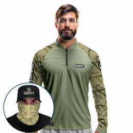 Super Combo Premium - Pro Elite Black Bass Kid Ocelos Verde Pesca Esportiva - Camisa + Punho Luva + Máscara + Boné Tela DryUv50+