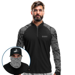 Super Combo Premium - Pro Elite Black Bass Kid Ocelos Black Pesca Esportiva - Camisa + Punho Luva + Máscara Premium + Boné Tela DryUv50+