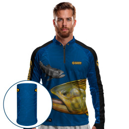 Combo Premium - Pro Elite Dourado Do Rio Blue Pesca Esportiva - Camisa + Punho Luva + Máscara Premium DryUv50+