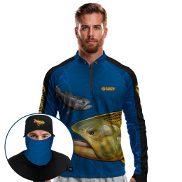 Super Combo Premium - Pro Elite Dourado Do Rio Blue Pesca Esportiva - Camisa + Punho Luva + Máscara Premium + Boné Tela DryUv50+