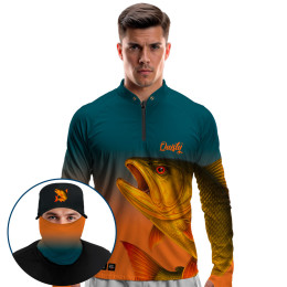Super Combo Premium - Pro Elite Dourado do Rio Fúria Dourada Imperial - Camisa + Punho Luva + Máscara Premium + Boné Tela DryUv50+