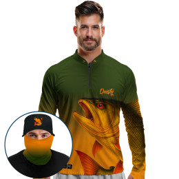 Super Combo Premium - Pro Elite Dourado do Rio Fúria Dourada Selva - Camisa + Punho Luva + Máscara Premium + Boné Tela DryUv50+