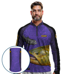 Combo Premium - Pro Elite Dourado Do Rio Roxo Pesca Esportiva - Camisa + Punho Luva + Máscara Premium DryUv50+