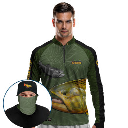 Super Combo Premium - Pro Elite Dourado Do Rio Verde Musgo Pesca Esportiva - Camisa + Punho Luva + Máscara Premium + Boné Tela DryUv50+