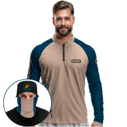 Super Combo Premium - Pro Elite Just Hook It Tucunaré Petróleo Azul - Camisa + Punho Luva + Máscara Premium + Boné Tela DryUv50+