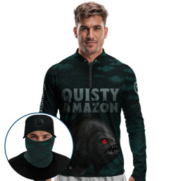 Super Combo Premium - Pro Elite Piranha Preta – A Predadora dos Rios  - Camisa + Punho Luva + Máscara Premium + Boné Tela DryUv50+
