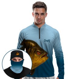 Super Combo Premium - Pro Elite Tambaqui Gigante da Amazônia Glaciar - Camisa + Punho Luva + Máscara Premium + Boné Tela DryUv50+