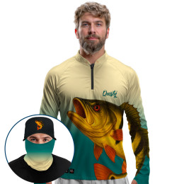 Super Combo Premium - Pro Elite Tucunaré amarelo Ouro Amazônico Atlântica - Camisa + Punho Luva + Máscara Premium + Boné Tela DryUv50+