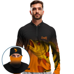 Super Combo Premium - Pro Elite Tucunaré amarelo Ouro Amazônico Fúria - Camisa + Punho Luva + Máscara Premium + Boné Tela DryUv50+