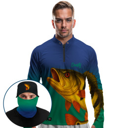 Super Combo Premium - Pro Elite Tucunaré amarelo Ouro Amazônico Oceano - Camisa + Punho Luva + Máscara Premium + Boné Tela DryUv50+