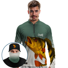 Super Combo Premium - Pro Elite Tucunaré amarelo Ouro Amazônico Savanna - Camisa + Punho Luva + Máscara Premium + Boné Tela DryUv50+