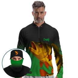 Super Combo Premium - Pro Elite Tucunaré amarelo Ouro Amazônico Selva - Camisa + Punho Luva + Máscara Premium + Boné Tela DryUv50+