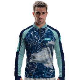 Camisa Premium - Pro Elite Tucunaré Azul Sky Pesca Esportiva - DryUv50+ Punho Luva