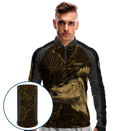 Combo Premium - Pro Elite Tucunaré Azul Gold - Camisa + Punho Luva + Máscara Premium DryUv50+