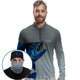 Super Combo Premium - Pro Elite Tucunaré azul Lenda do Azulão Pacífico - Camisa + Punho Luva + Máscara Premium + Boné Tela DryUv50+