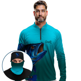 Super Combo Premium - Pro Elite Tucunaré azul Lenda do Azulão Titanium - Camisa + Punho Luva + Máscara Premium + Boné Tela DryUv50+
