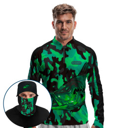 Super Combo Premium - Pro Elite Tucunaré Pantanal Green Pesca Esportiva - Camisa + Punho Luva + Máscara Premium + Boné Tela DryUv50+