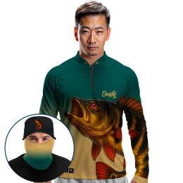 Super Combo Premium - Pro Elite Tucunaré Açu O Soberano das Águas Imperial - Camisa + Punho Luva + Máscara Premium + Boné Tela DryUv50+