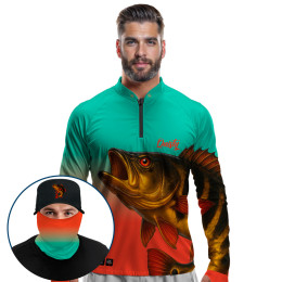 Super Combo Premium - Pro Elite Tucunaré Açu O Soberano das Águas Tropicana - Camisa + Punho Luva + Máscara Premium + Boné Tela DryUv50+