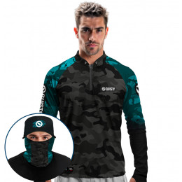 Super Combo Premium - Pro Elite Cyan Black - Camisa + Punho Luva + Máscara Premium + Boné com Rede DryUv50+