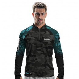 Camisa Premium - Pro Elite Cyan Black - Pesca Esportiva - DryUv50+ Punho Luva