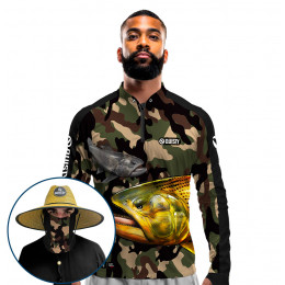 Super Combo VIP - Pro Elite Dourado do Rio Pantanal Pesca Esportiva - Camisa + Punho Luva + Máscara + Chapéu DryUv50