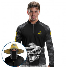 Super Combo VIP - Pro Elite Trairão Attack Pesca Esportiva - Camisa + Punho Luva + Máscara Premium + Chapéu DryUv50+