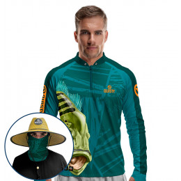 Super Combo VIP - Pro Elite Troféu De Pescador - Pesca Esportiva - Camisa + Punho Luva + Máscara Premium + Chapéu DryUv50+