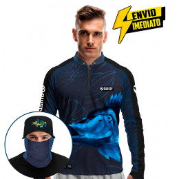 Super Combo Premium - Pro Elite Tucunaré Azul Blue Pesca Esportiva - Camisa + Punho Luva + Máscara + Boné Tela DryUv50+ Envio Imediato